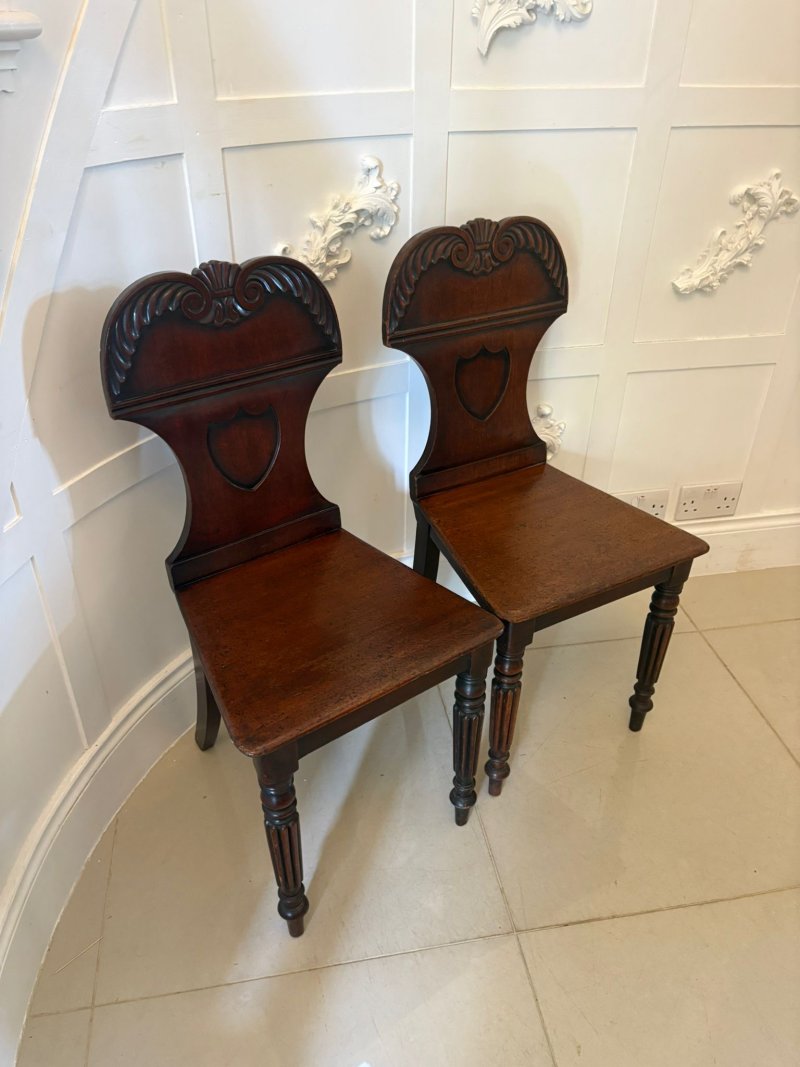 Pair of Antique Regency Quality Carved Mahogany Hall Chairs - Image 5